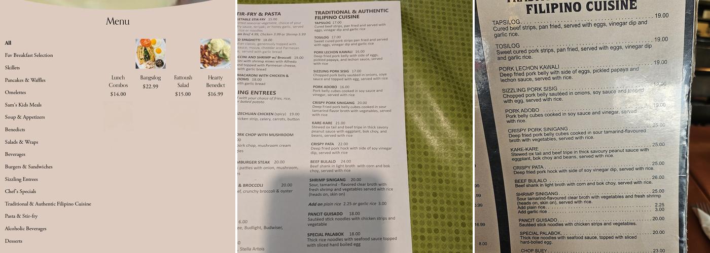 Sam's Friends Restaurant Menu