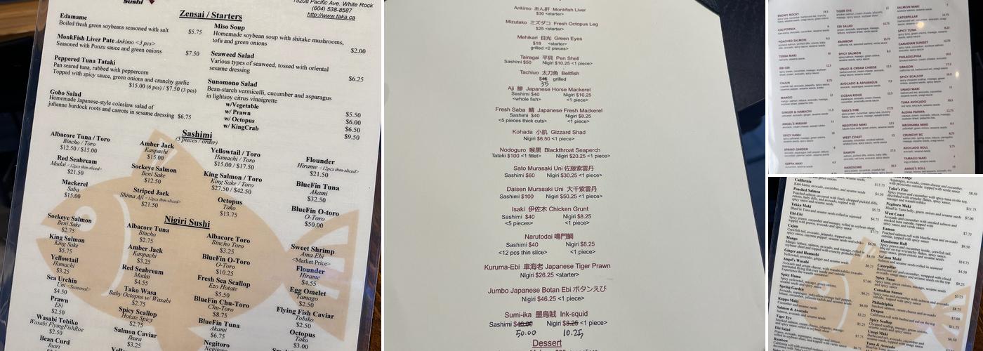 Taka's Sushi Menu