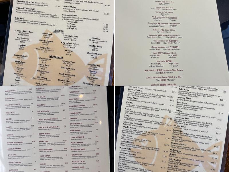 Taka's Sushi Menu