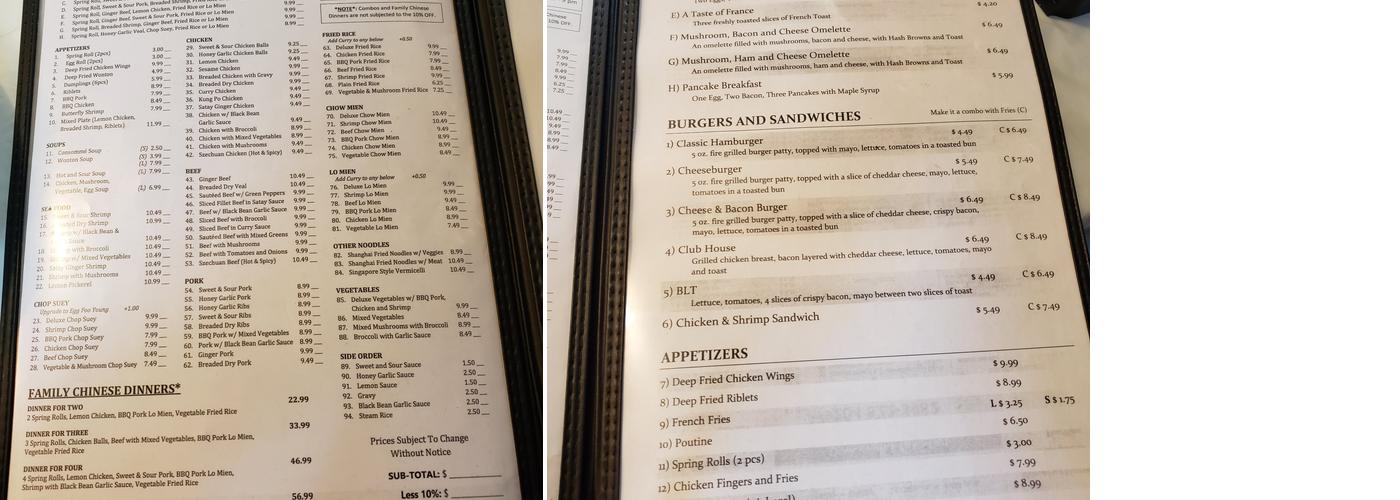 Gimli Garden Chinese Food Menu