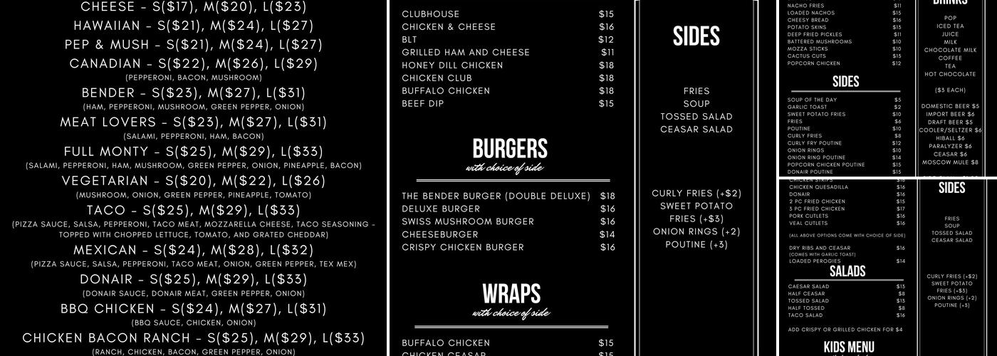 The Bender Bar and Grill Menu