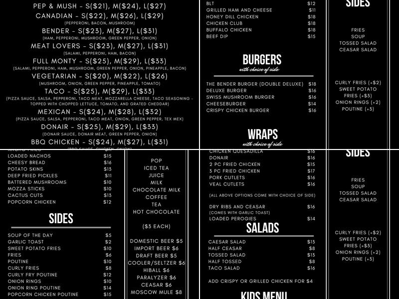 The Bender Bar and Grill Menu