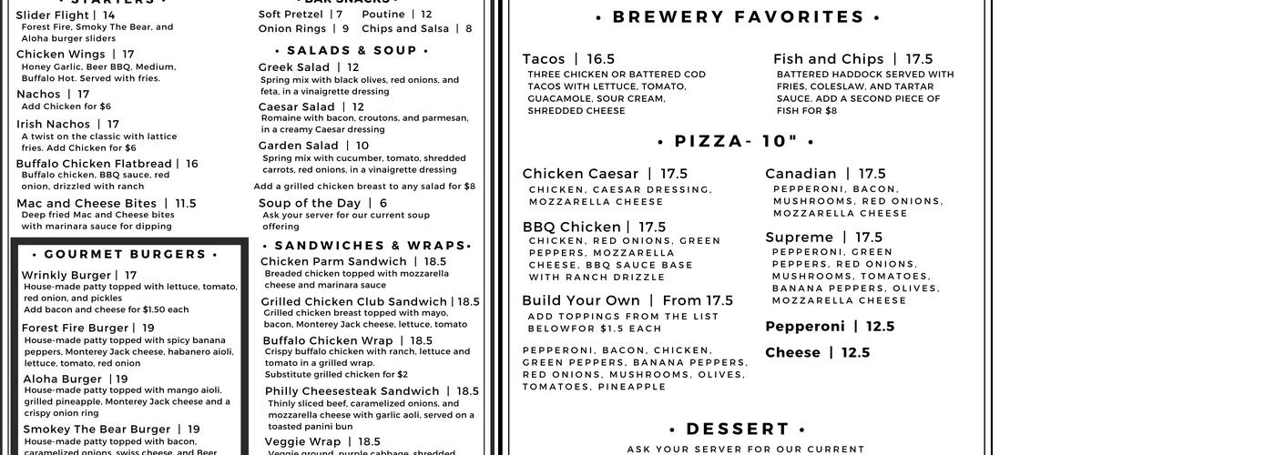 Wrinkly Bear Brewing Company Menu