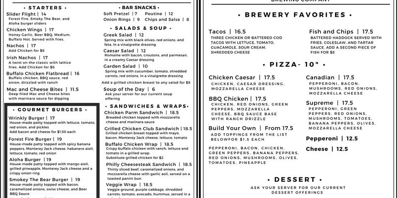 Wrinkly Bear Brewing Company Menu