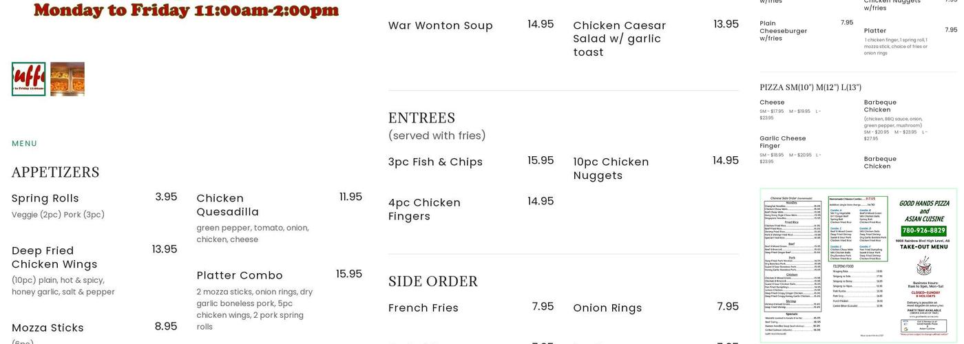 Good Hands Pizza and Asian Cuisine Menu