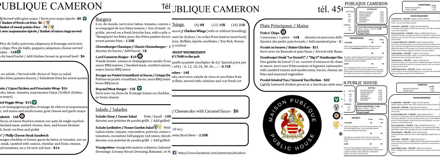 Cameron Pub Menu