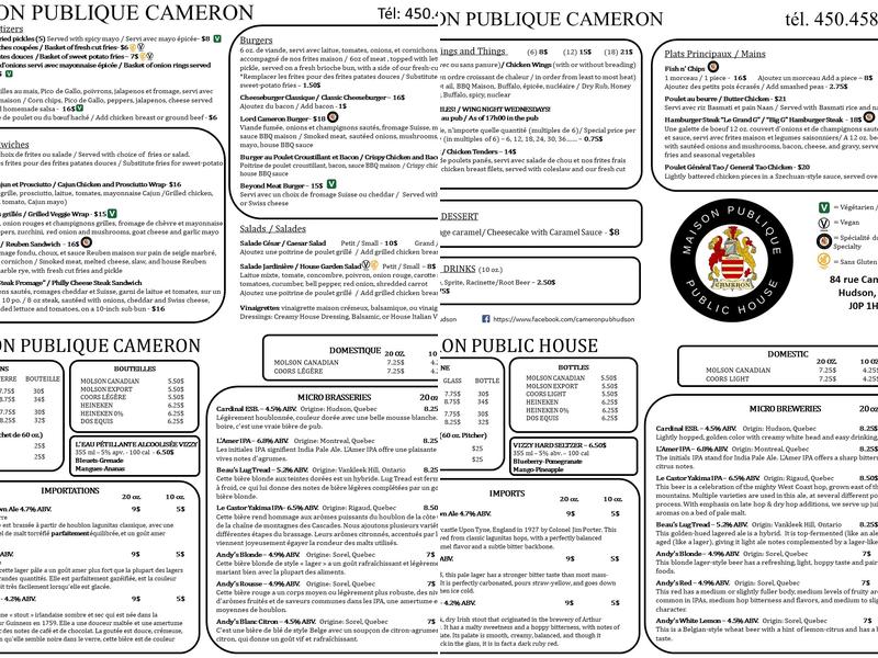 Cameron Pub Menu