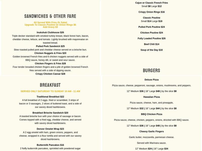 Tundra Take-out Diner Menu