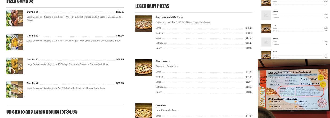 Andy's Legendary Pizza Plattsville Menu