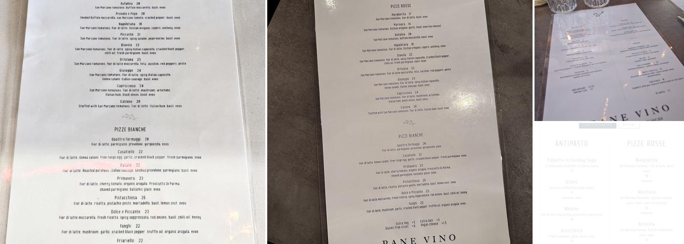 Pane Vino Pizzeria Menu