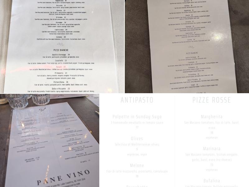Pane Vino Pizzeria Menu
