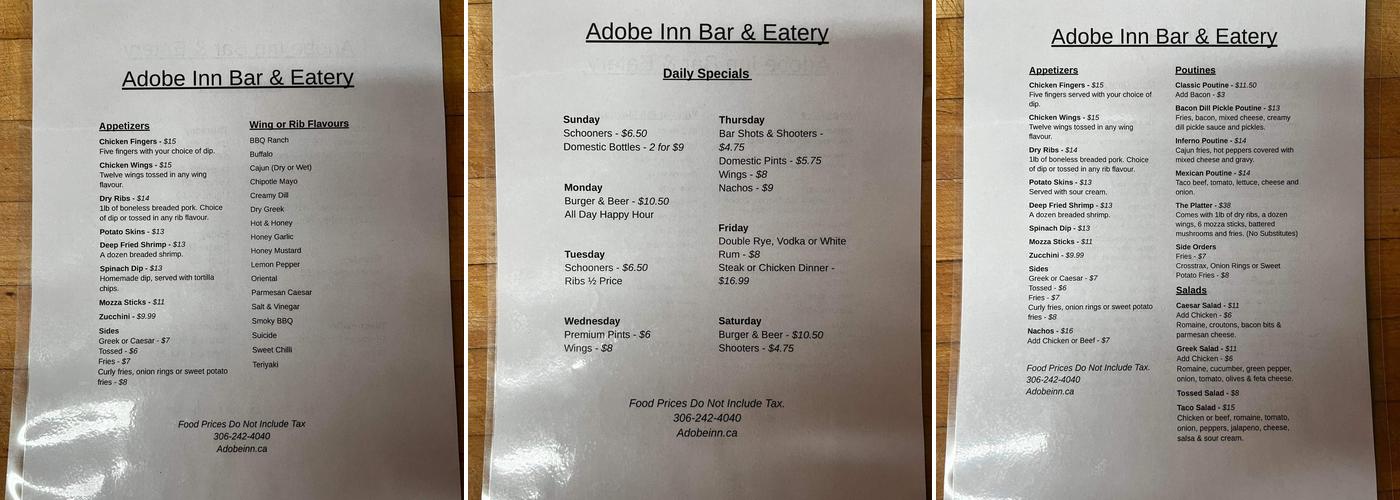 Adobe restaurant Menu