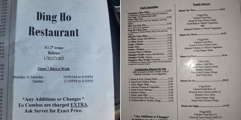 Ding Ho Restaurant Menu