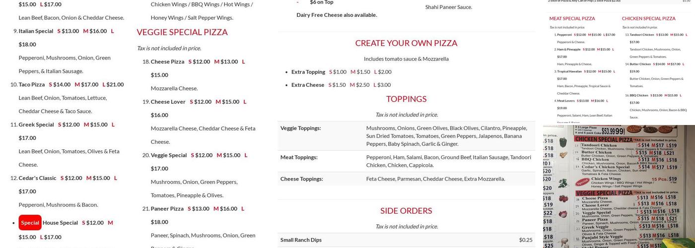 CEDAR PIZZA Menu