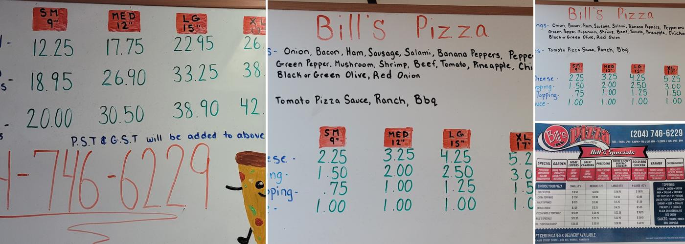 Bill's Pizza Menu