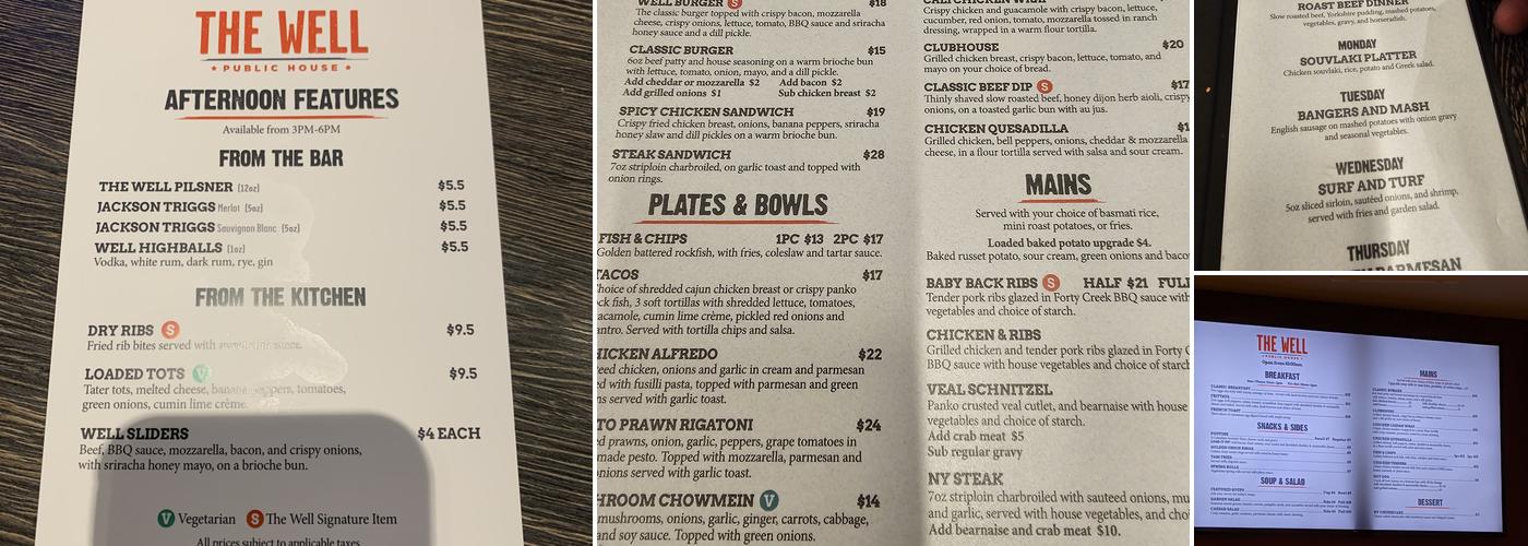 The Well Public House Menu