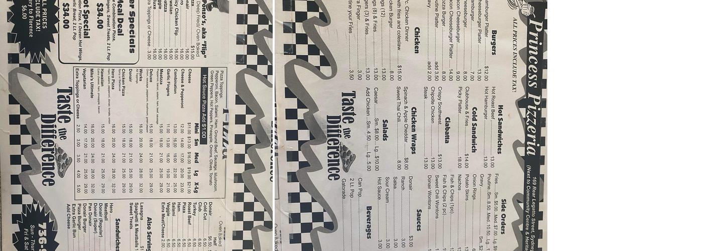 Princess Pizzeria Menu