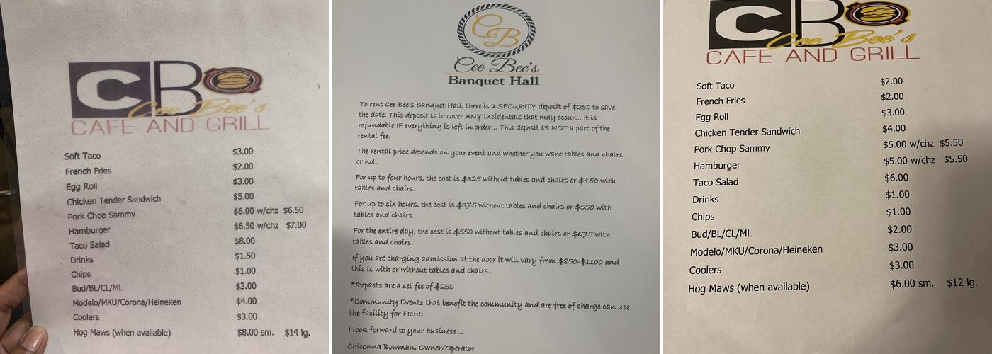 Cee Bee’s Cafe & Grill Menu