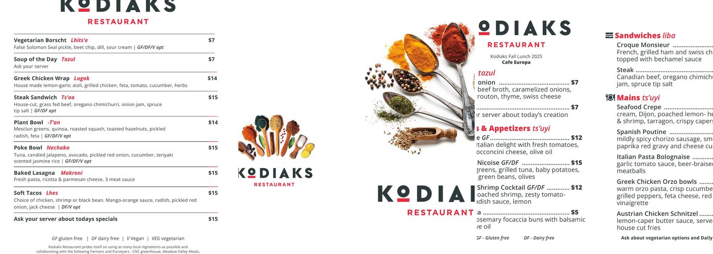 Kodiaks Restaurant at College of New Caledonia Menu