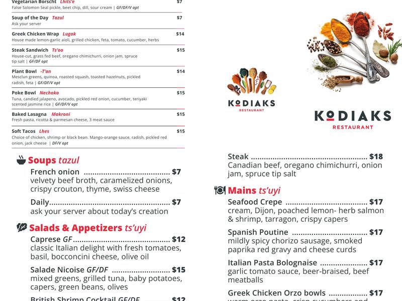 Kodiaks Restaurant at College of New Caledonia Menu