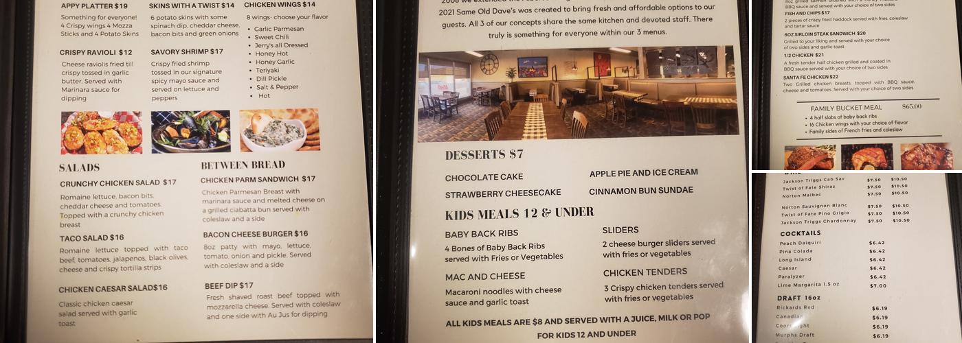 Same Old Dave's Menu