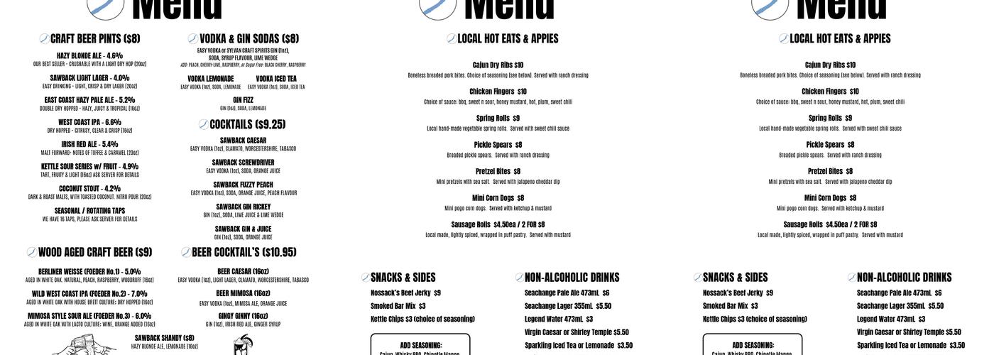 Sawback Brewing Co. Menu