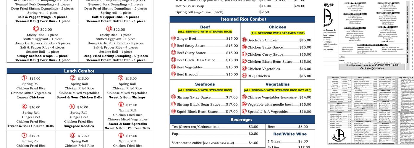 J & A Restaurant Menu