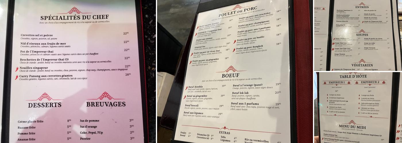 Restaurant Thaï Empereur Menu