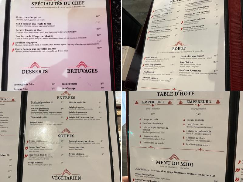 Restaurant Thaï Empereur Menu
