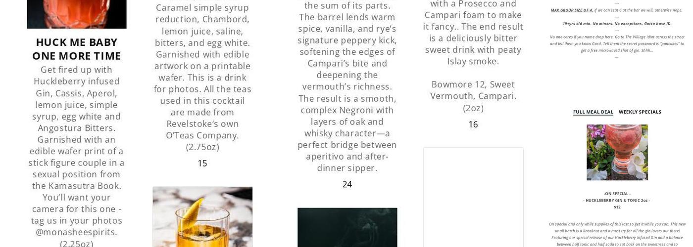 Monashee Spirits Craft Distillery Menu