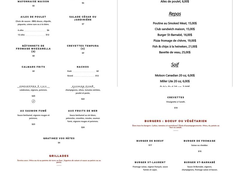 Pub St-Barnabe Menu