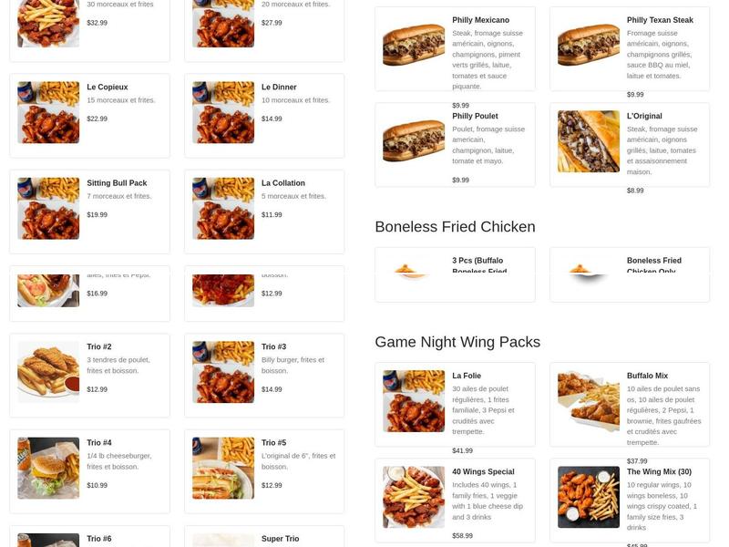 Buffalo Bill Wings Menu