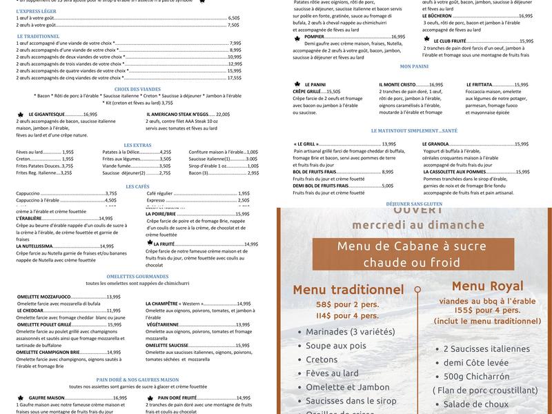 Cabane à Sucre Délices Des Sucres Menu