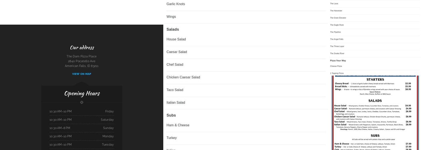 The Dam Pizza Place Menu