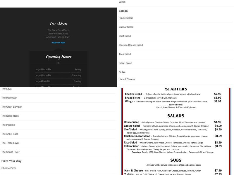 The Dam Pizza Place Menu