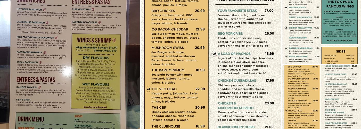 Silverfox pub & liquor store Menu