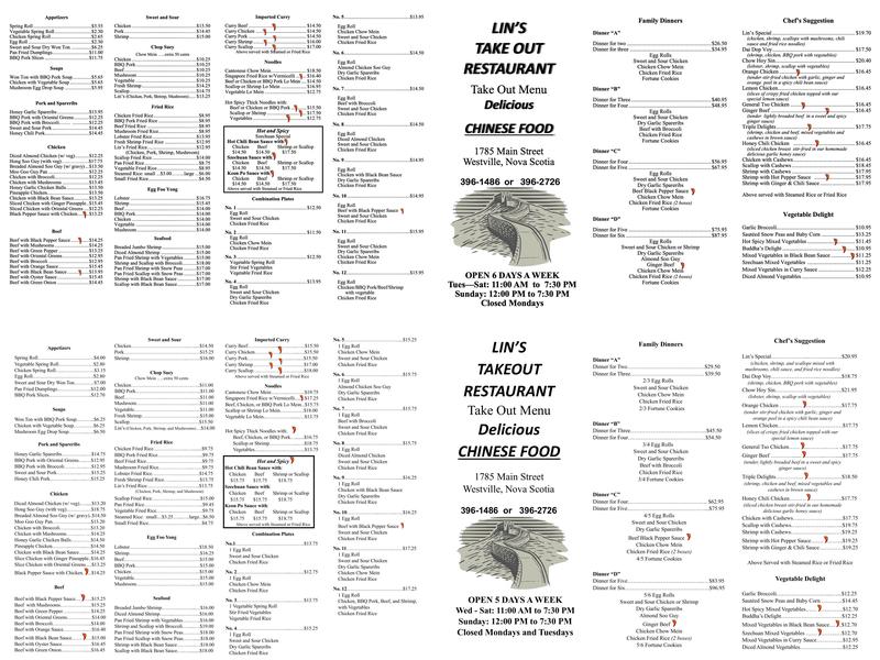 Lin's Takeout Restaurant Menu