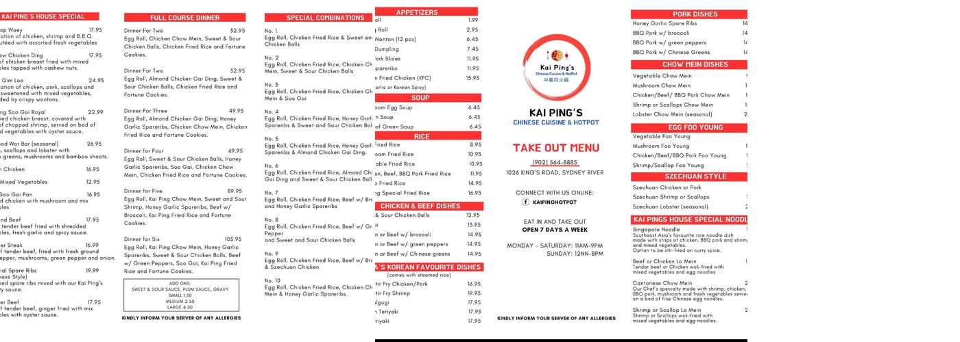 Kai Pings Hot Pot and Chinese Cuisine Menu