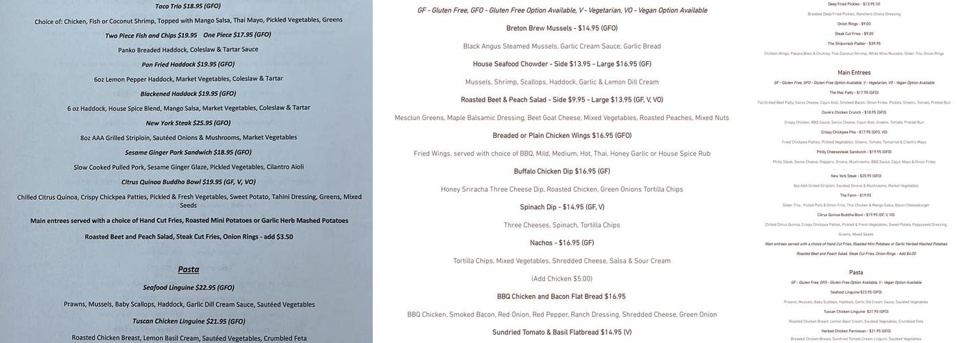 The Dory Pub & Restaurant Menu