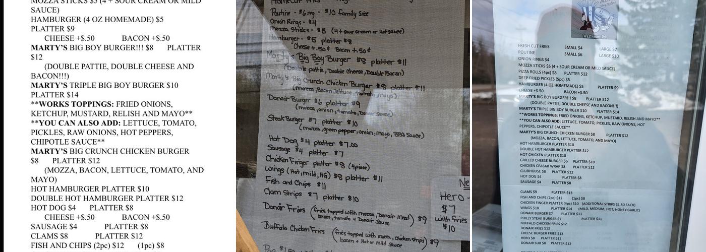 Marty's Chip Wagon Menu