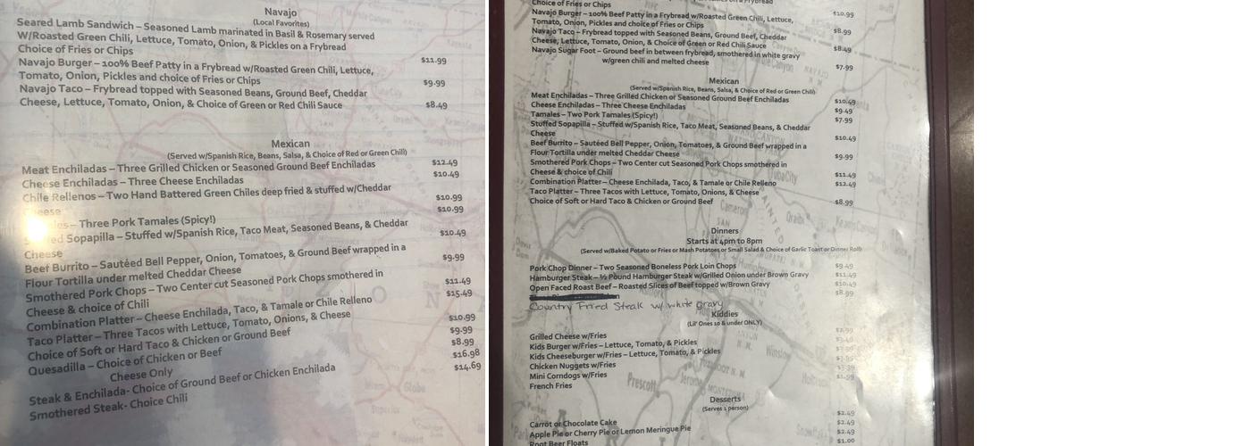 Chieftain Restaurant Menu