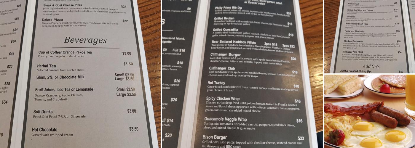 Cliffhanger Restaurant & Bar Menu