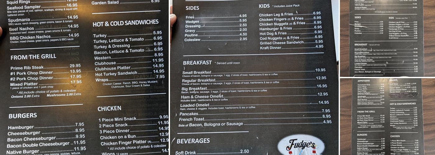 Fudge's Restaurant - Specializing in Seafood Menu