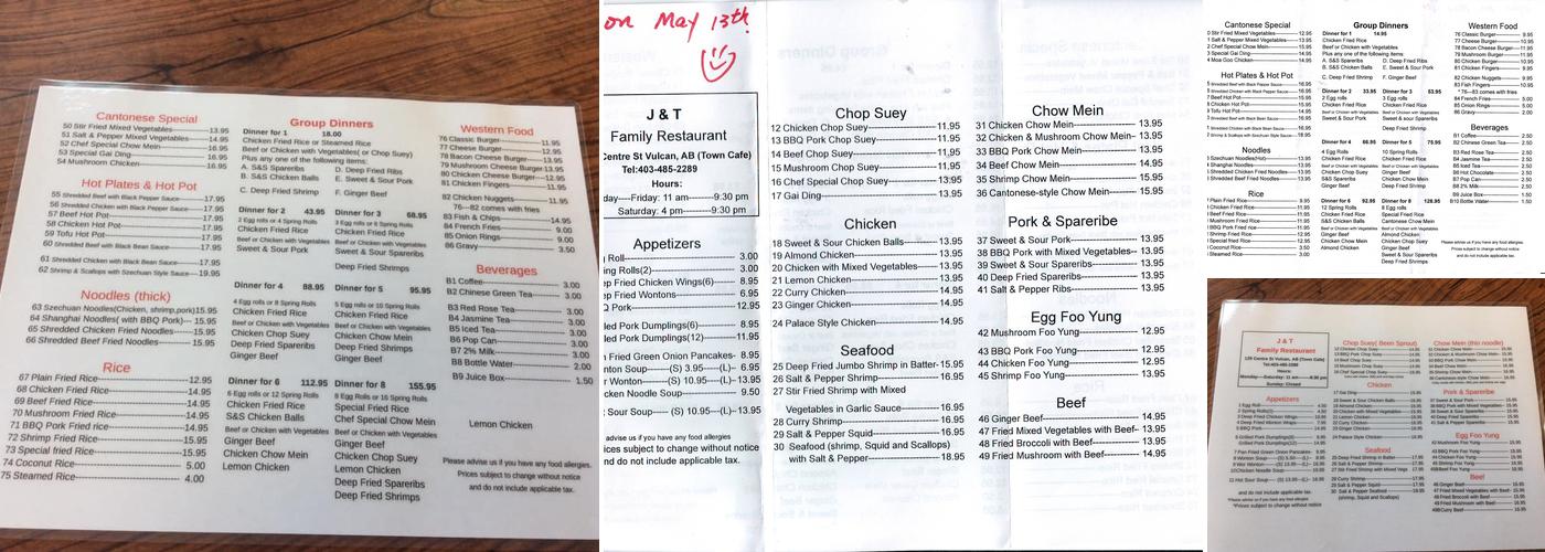 J & T Family Restaurant Menu