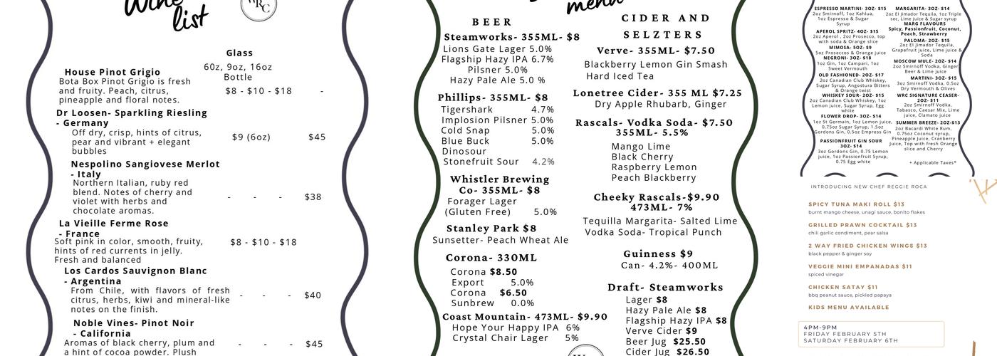 WRC Cafe & Bar Menu