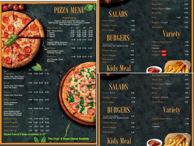 Anthony's Pizza Menu