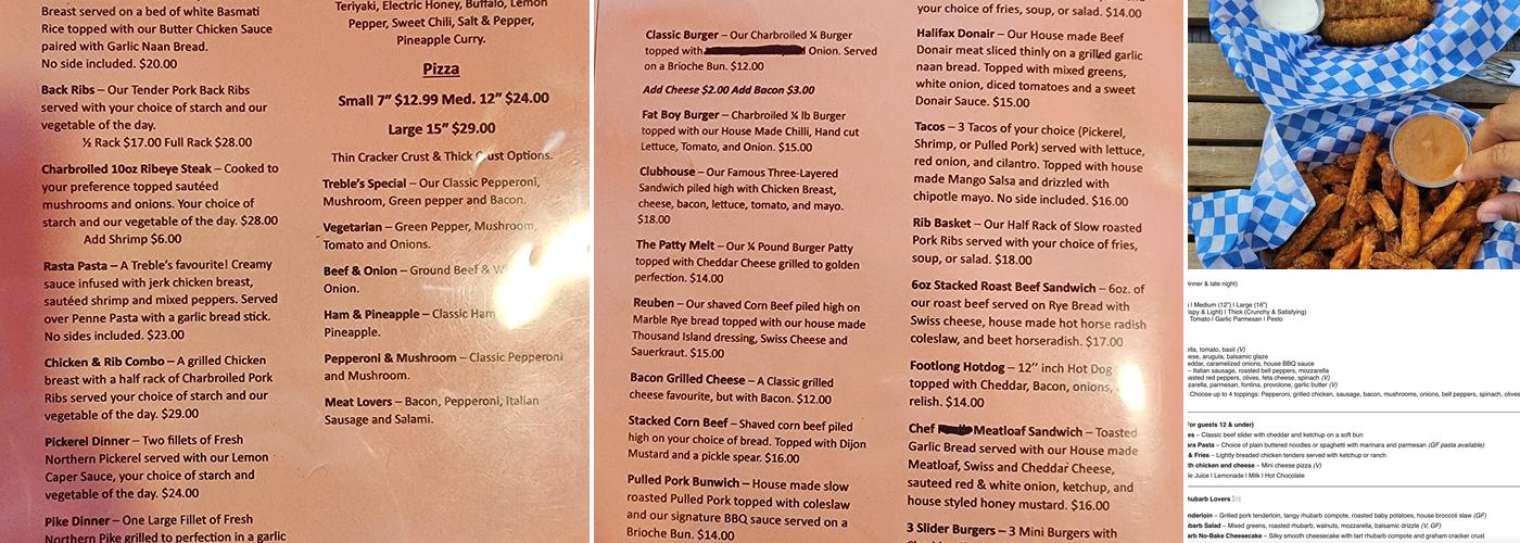 Treble’s Beach Bar & Grill Menu