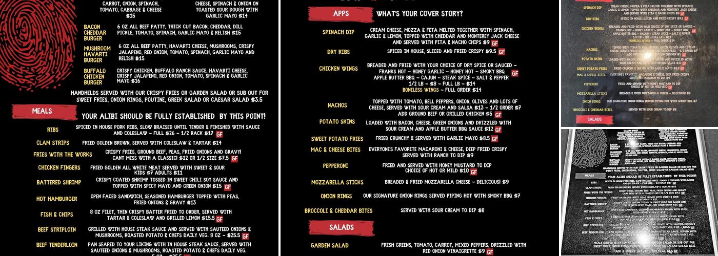 The Alibi Bar And Grill Menu