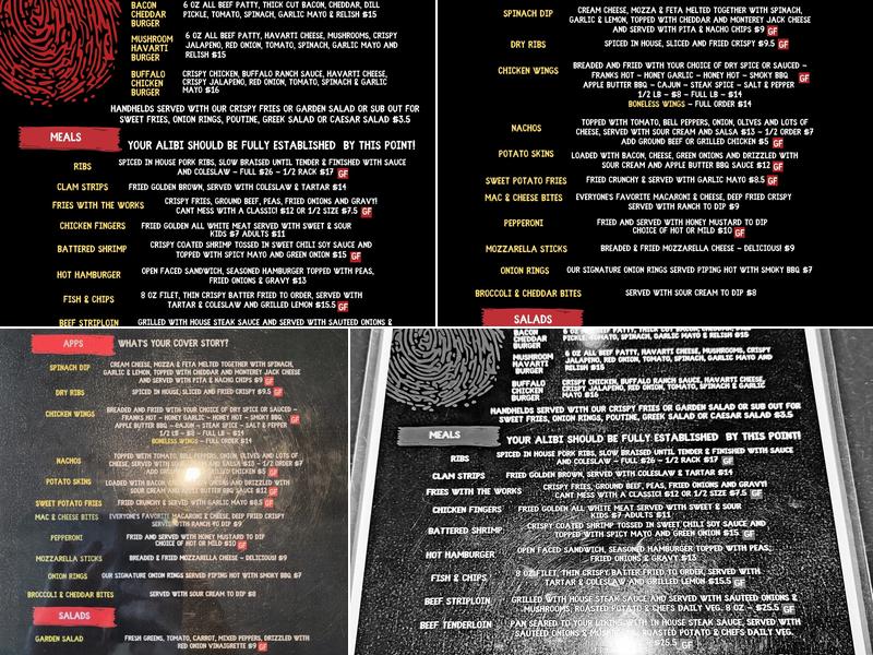 The Alibi Bar And Grill Menu