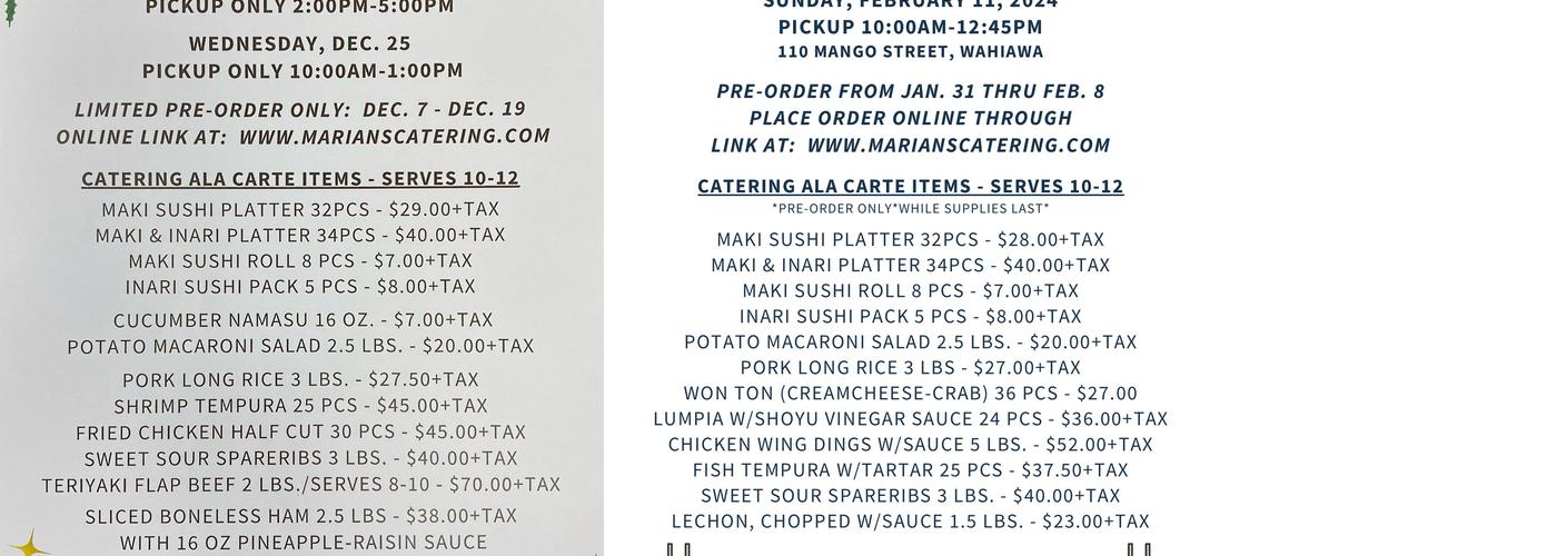 Marians Catering Menu